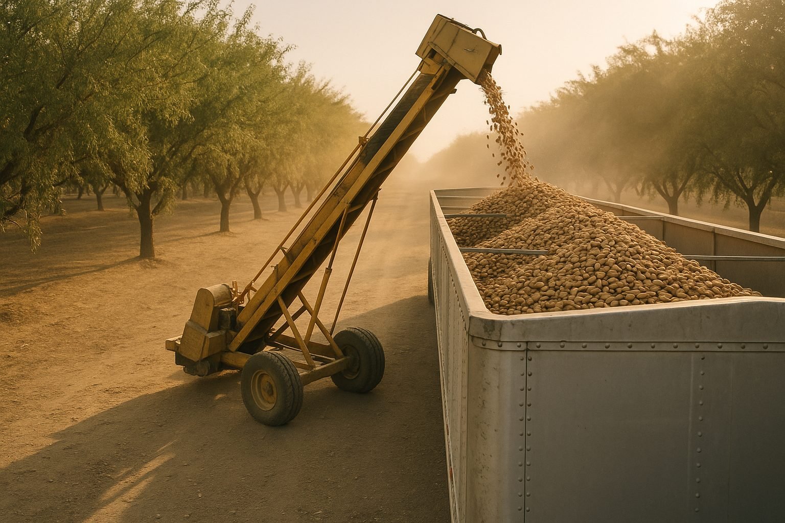 In-shell almonds pouring from a conveyor into an open-top bulk trailer at the edge of an almond orchard during harvest