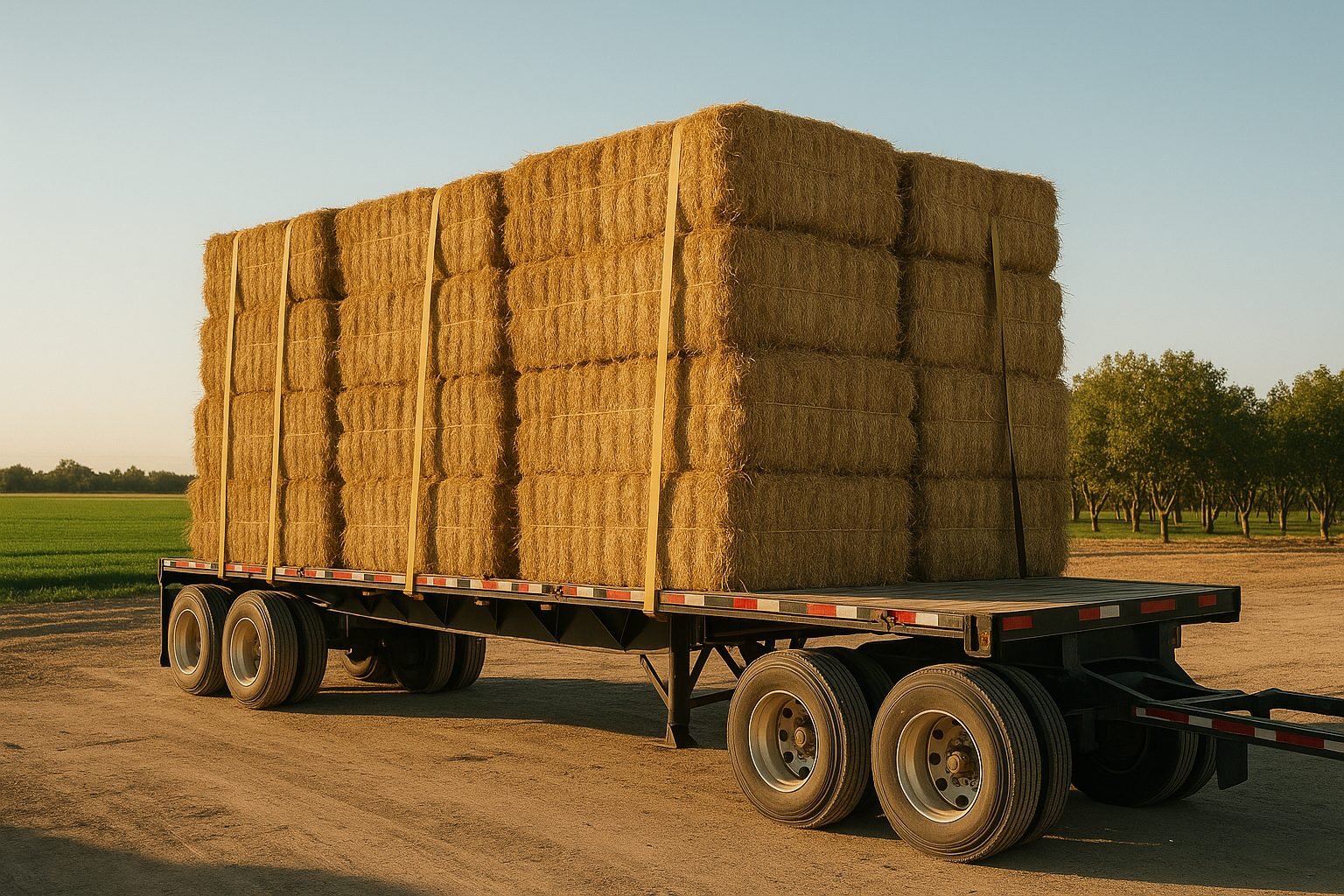 A flatbed trailer stacked with strapped hay bales in a farm yard beside a walnut orchard