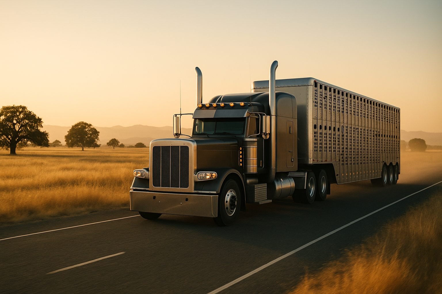 Close view of a charcoal semi truck and aluminum livestock trailer on a valley highway at golden hour