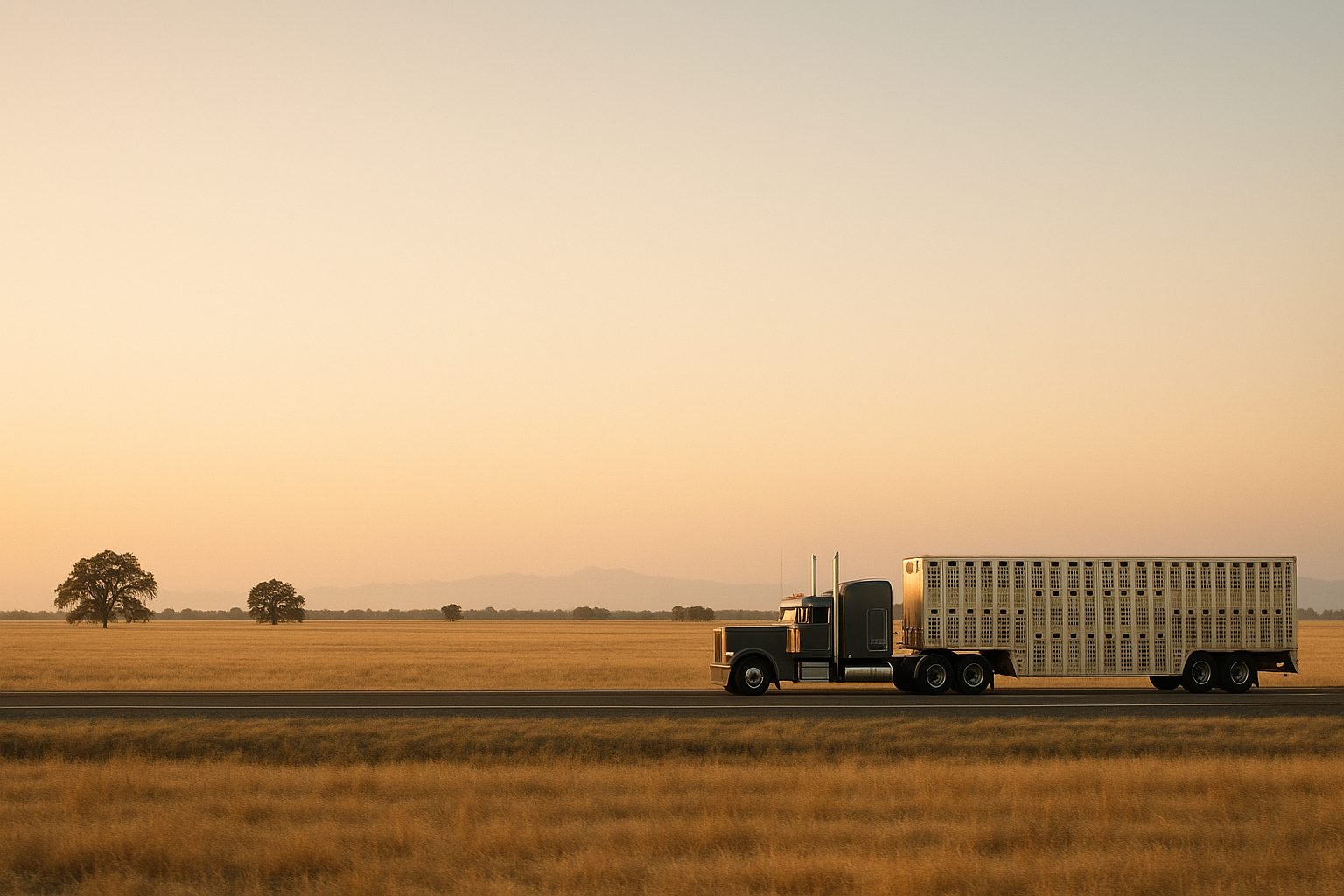 A semi truck pulling an aluminum livestock trailer along a two-lane highway across golden Sacramento Valley grassland at sunset