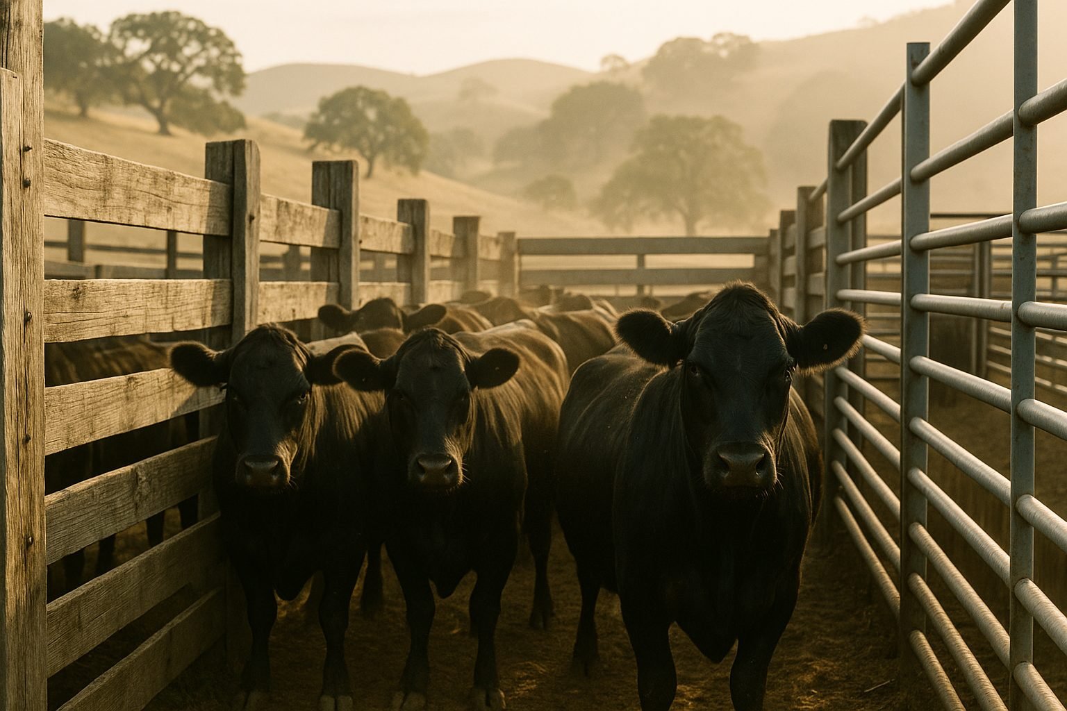 Black Angus cattle waiting calmly in a wooden corral beside a steel loading alley at dawn