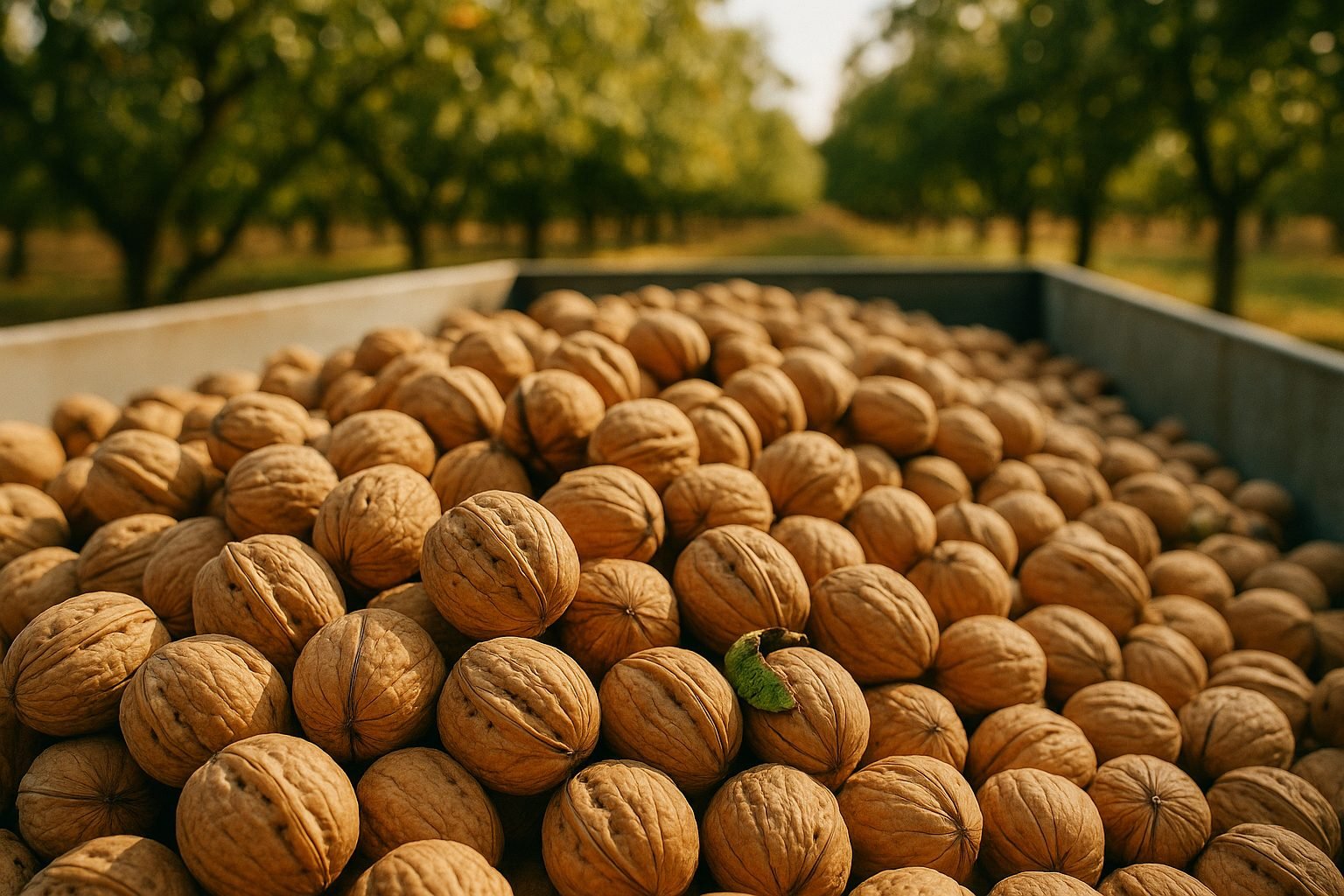 Freshly hulled in-shell walnuts heaped in an open-top trailer beside a walnut orchard